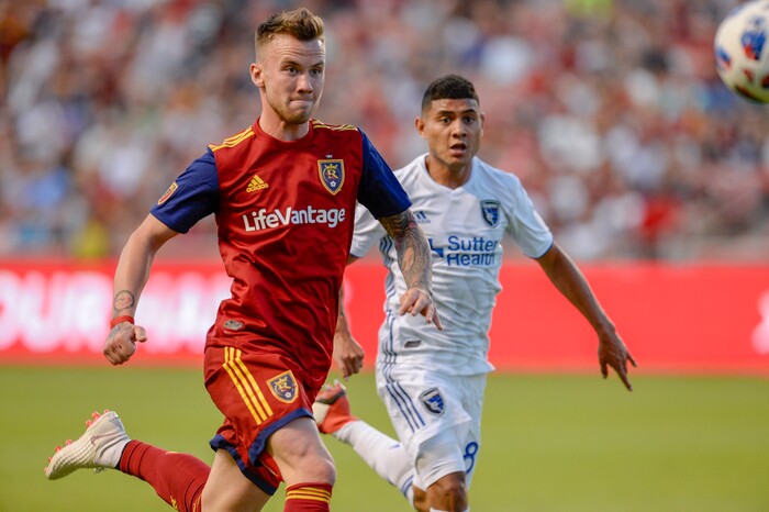 Leah Hogsten | The Salt Lake Tribune Real Salt Lake midfielder Albert Rusnak (11) battles San Jose Earthquakes forward Chris Wondolowski (8) as Real Salt Lake hosts the San Jose Earthquakes at Rio Tinto Stadium in Sandy, Utah, Saturday, June 23, 2018.