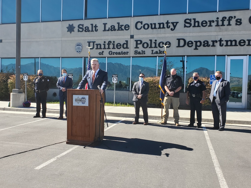 (Becky Jacobs | The Salt Lake Tribune) U.S. attorney John Huber and other law enforcement officials announce charges Friday, Oct. 16, 2020, at a news conference in South Salt Lake against 21 members and associates of white supremacy groups in Utah.