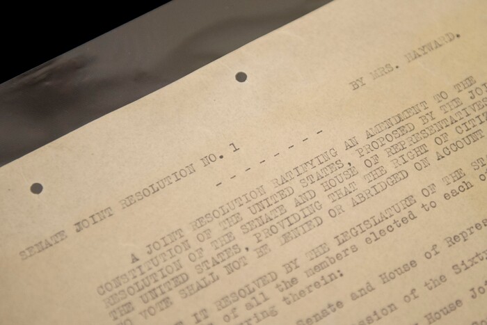 (Jeremy Harmon | The Salt Lake Tribune) Documents associated with the passage of the 19th Amendment in Utah were on display at the Utah State Capitol on October 15, 2019.