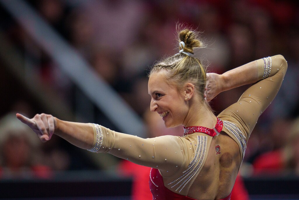 (Trent Nelson  |  The Salt Lake Tribune) Abby Brenner on the floor as Utah hosts UCLA, NCAA gymnastics in Salt Lake City on Friday, Feb. 3, 2023.