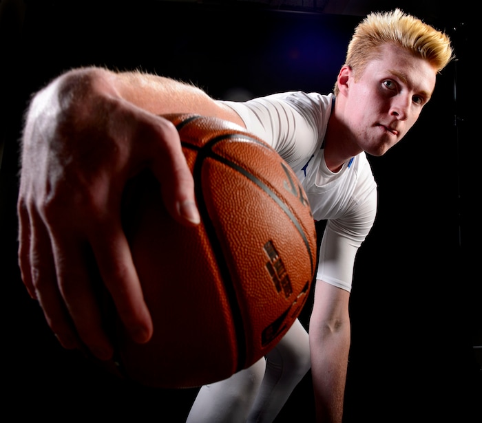 (Steve Griffin  |  The Salt Lake Tribune)  Prep basketball Hunter Erickson, Timpview, in the Salt Lake Tribune studio in Salt Lake City Tuesday April 10, 2018.