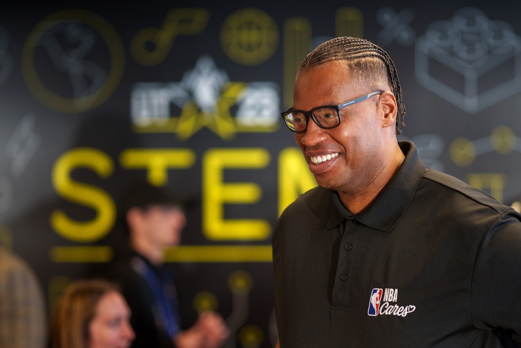 (Trent Nelson | The Salt Lake Tribune) Jason Collins, a community ambassador for NBA Cares, in a new STEM room at Lincoln Elementary School as part of NBA All-Star Weekend, in South Salt Lake on Thursday, Feb. 16, 2023.