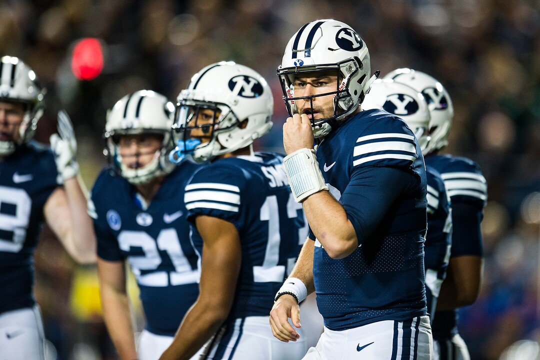 (Chris Detrick  |  The Salt Lake Tribune)  Brigham Young Cougars quarterback Tanner Mangum (12) during the game LaVell Edwards Stadium Friday, October 6, 2017. 