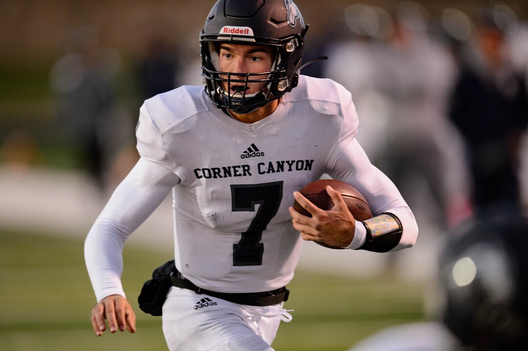 (Trent Nelson  |  The Salt Lake Tribune) Corner Canyon High School quarterback Cole Hagen runs for a touchdown against Westlake High School l in Saratoga Springs on Friday, Oct. 4, 2019.