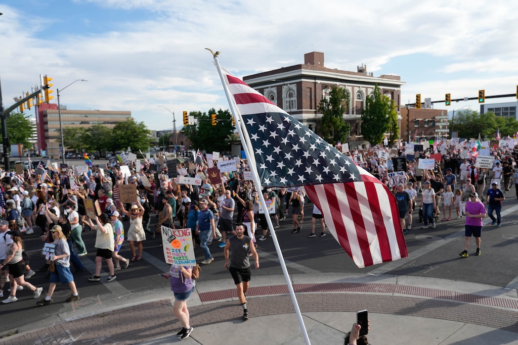 (Francisco Kjolseth  | The Salt Lake Tribune) Thousands walk the streets of downtown Salt Lake City for a No Kings demonstration on Saturday, June 14, 2025.