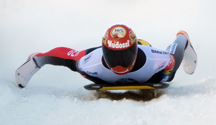 (Rick Egan  |  The Salt Lake Tribune)    Axel Jungk, Germany, finishes in 3rd place in the BMW IBSF World Cup Men's Skeleton competition, Saturday, November 18, 2017.