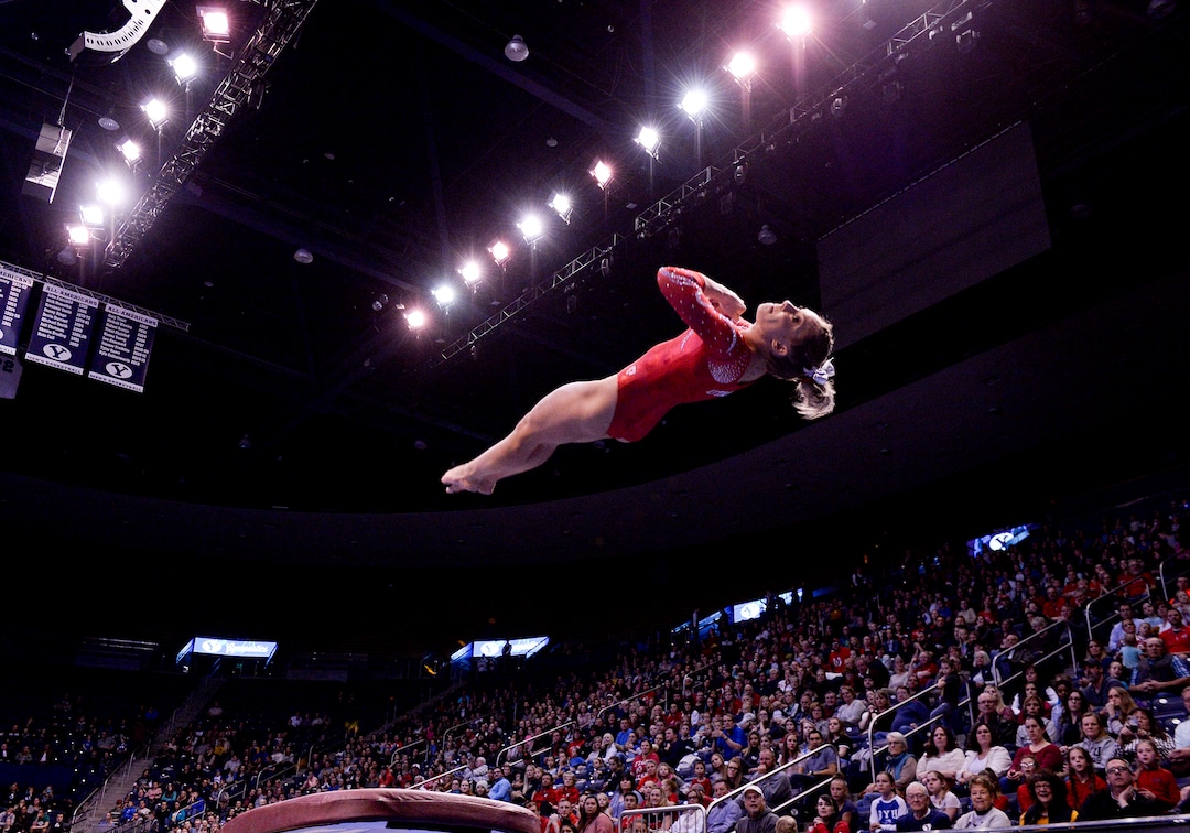 Leah Hogsten  |  The Salt Lake Tribune Utah's MyKayla Skinner scored a 9.975 on the vault as No. 3 University of Utah gymnastics team meets BYU gymnastics at the Marriot Center, Jan. 10, 2019.