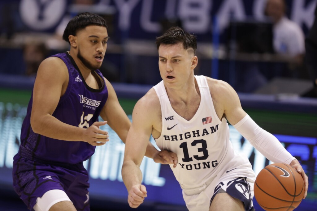 (Photo courtesy of BYU)
BYU senior guard Alex Barcello (13) scored a game-high 25 points on 10-of-14 shooting in the Cougars' season-opening 108-59 victory over Westminster College on Wednesday night in Provo.