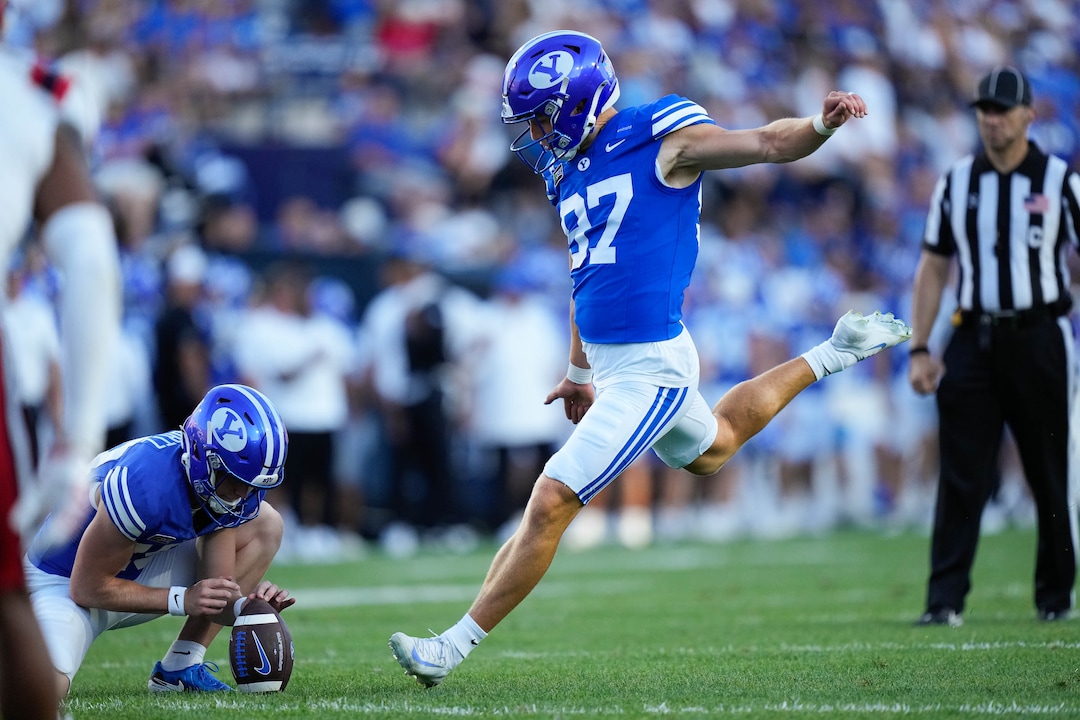 (Francisco Kjolseth | The Salt Lake Tribune) BYU Cougars kicker Matthias Dunn (97) during the first half of an NCAA college football game against Utah Tech, Saturday, Sept. 5, 2026, at LaVell Edwards Stadium in Provo.