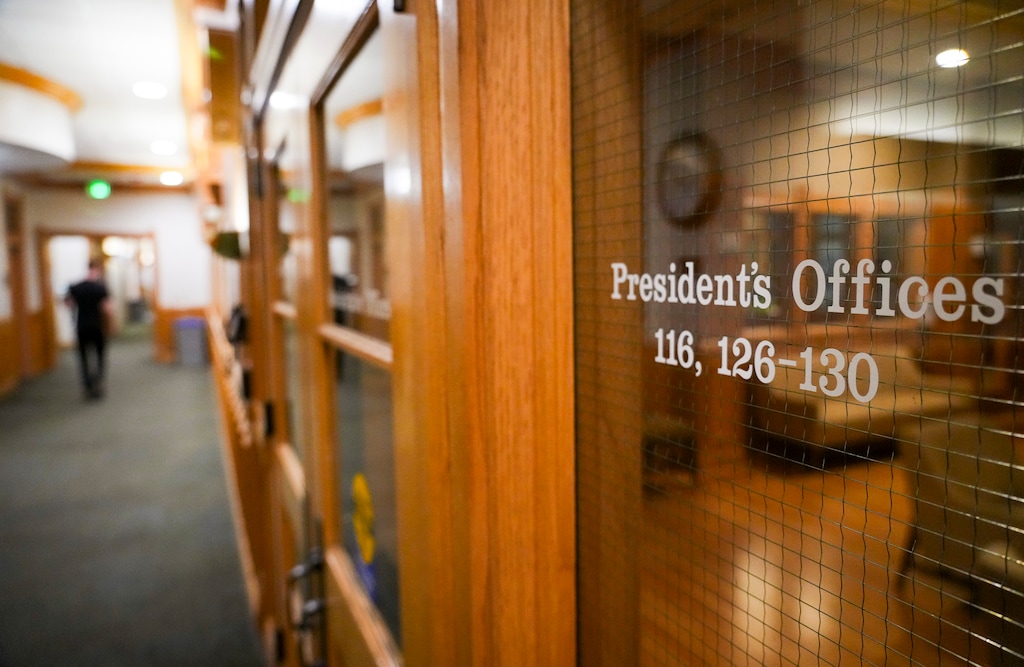 (Bethany Baker | The Salt Lake Tribune) The doors to the president's offices are seen at Utah State University in Logan on Saturday, Feb. 8, 2025.