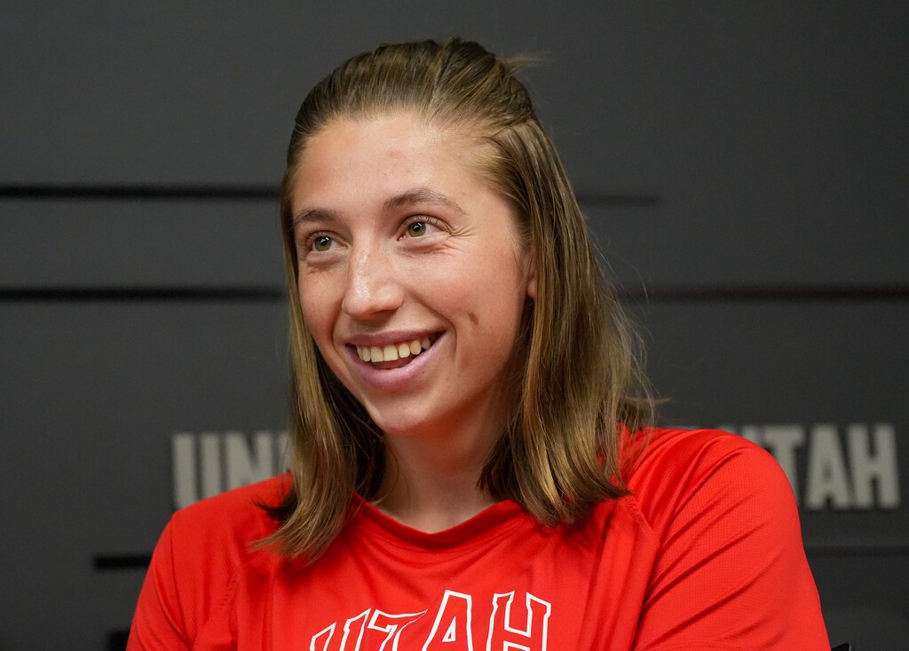 (Chris Samuels | The Salt Lake Tribune) University of Utah track and field runner Josefine Eriksen speaks to reporters on campus in Salt Lake City, Monday, June 3, 2024, ahead of the NCAA track and field championships.