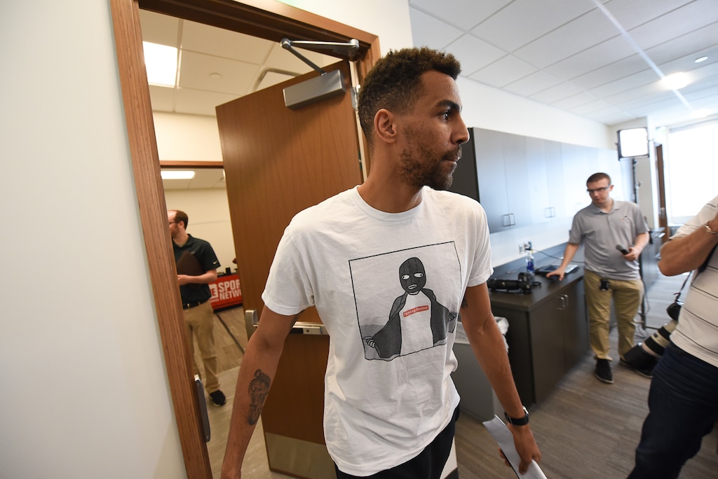 (Francisco Kjolseth | The Salt Lake Tribune) Utah Jazz forward Thabo Sefolosha gets ready to speak with the media during exit interviews at their practice facility in Salt Lake City Wed., May 8, 2018, after losing to the Houston Rockets in game 5 of their Western Conference Finals during the 2018 NBA Playoffs.