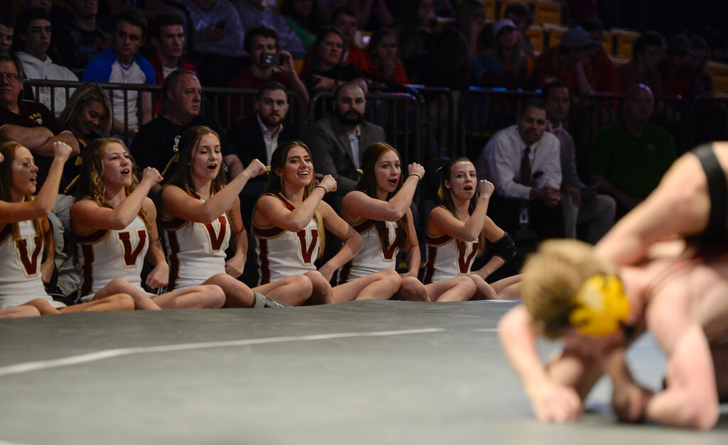 (Francisco Kjolseth | The Salt Lake Tribune) Viewmont cheerleaders cheer at the Class 5A state wrestling championship match at the Utah Valley University UCCU Center on Thursday, Feb. 8, 2018.