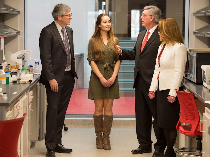 (Rick Egan  |  The Salt Lake Tribune)     Markus Babst, Interim director of Eyring Center for Cell and Genome Science And Professor of Biology gives a tour of one of the new labs to Zoe Praggastif, graduate student, and Gary and Ann Crocker, at the opening of the new Gary and Ann Crocker Science Center at the University of Utah, Thursday, April 19, 2018.


