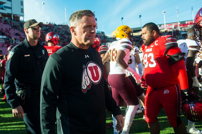 (Chris Detrick  |  The Salt Lake Tribune)  Utah Utes head coach Kyle Whittingham walks off of the field after the game at Rice-Eccles Stadium Saturday, October 21, 2017.  Arizona State Sun Devils defeated Utah Utes 30-10.