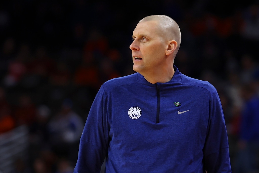 (John Peterson | AP) BYU head coach Mark Pope watches as his team plays against Duquesne in the first half of a first-round college basketball game in the NCAA Tournament, Thursday, March 21, 2024, in Omaha, Neb.