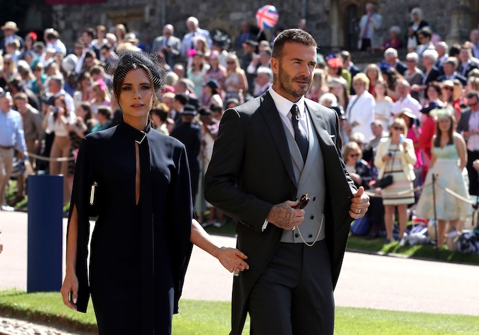 David and Victoria Beckham arrive for the wedding ceremony of Prince Harry and Meghan Markle at St. George's Chapel in Windsor Castle in Windsor, near London, England, Saturday, May 19, 2018. (Chris Radburn/pool photo via AP)