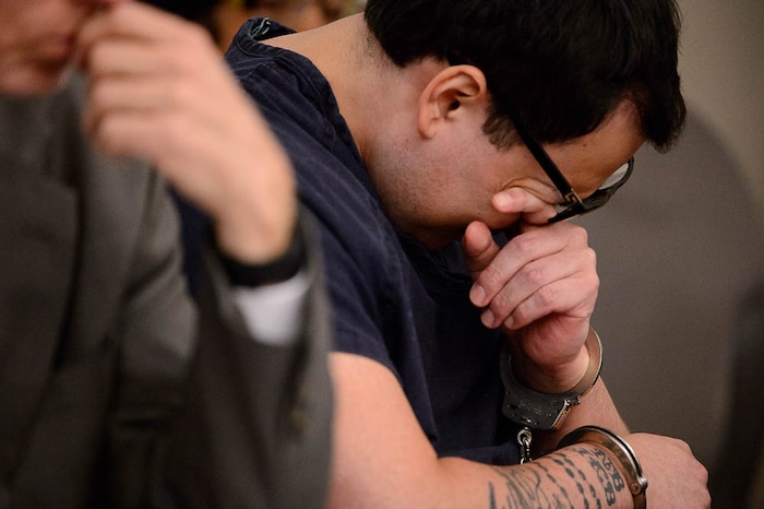 (Trent Nelson | The Salt Lake Tribune)
Jason Black, who shot and killed 24-year-old Natalia Casagrande before stealing marijuana, guns and cash, reacts to his mother's statement before being sentenced by Judge Adam Mow in Salt Lake City, Tuesday April 10, 2018.