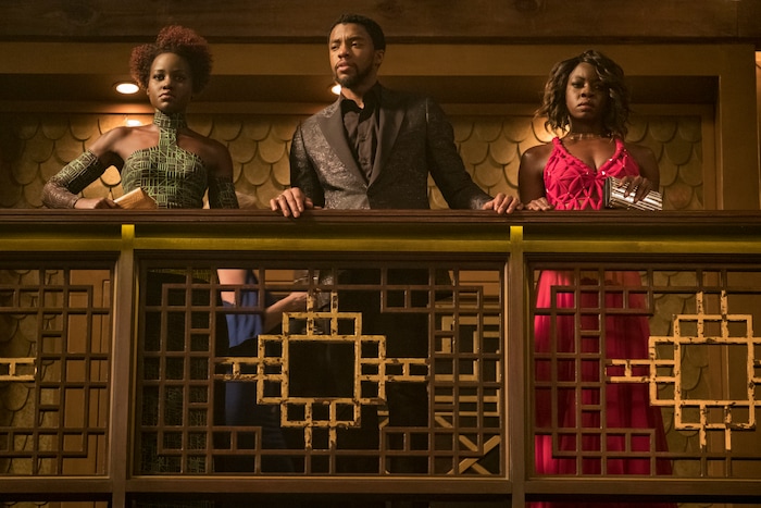 This image released by Disney shows Lupita Nyong'o, from left, Chadwick Boseman and Danai Gurira in a scene from Marvel Studios' "Black Panther." (Matt Kennedy/Marvel Studios-Disney via AP)