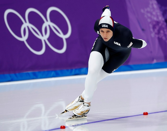Brittany Bowe of the U.S. competes during the women's 1,500 meters speedskating race at the Gangneung Oval at the 2018 Winter Olympics in Gangneung, South Korea, Monday, Feb. 12, 2018. (AP Photo/Petr David Josek)