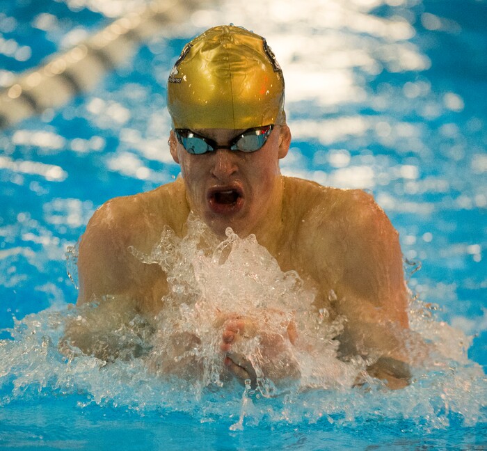 (Rick Egan  |  The Salt Lake Tribune)    West Lake Swimmer, Denty Anderson, places first in the Men's 100 Yard Breastsroke, in 6A State Swimming Championships in Bountiful, Friday, February 9, 2018.