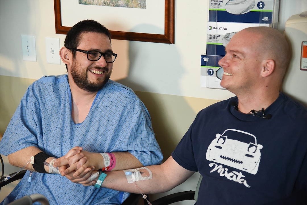 (Francisco Kjolseth  |  The Salt Lake Tribune)  Mitchell Salas becomes speaks with Matthew Thompson for the first time after receiving a kidney from him as part of the Good Samaritan organ donor program. Both recovering from surgery a couple of days ago at Intermountain Medical Center in Murray on Friday, March 29, 2019. For Thompson the idea of donation started as a thought after hearing a motivational speaker talk about donating a kidney to his brother. 