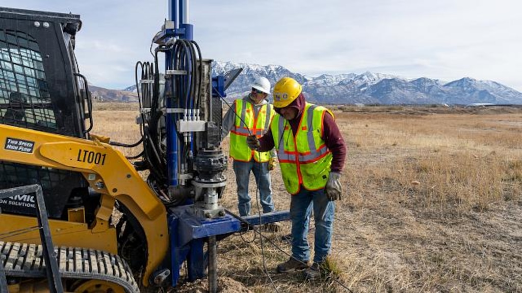 (University of Utah – Huntsman Cancer Institute) Workers inspect construction equipment at the site of a new, planned comprehensive Huntsman Cancer Institute in Vineyard, Utah.