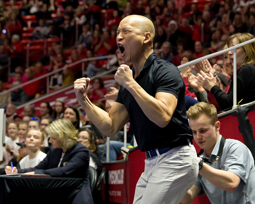 (Photo courtesy of Utah Athletics) Tom Farden exhorts his Utah gymnasts during a recent home meet at the Huntsman Center. Farden, who shared Utah gymnastics coaching duties with Megan Marsden, is the Utes' new head coach following Marsden's retirement last month. 
