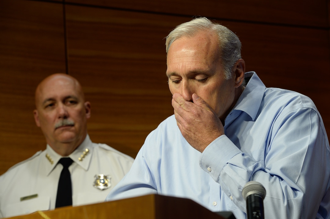 (Francisco Kjolseth  |  The Salt Lake Tribune)  MaKenzie Lueck's uncle, no name provided, reads a brief statement following the confirmation by Salt Lake City Police Chief Mike Brown, left, that Lueck is dead and one person has been arrested and charged with aggravated murder during a media briefing on June 28, 2019.
