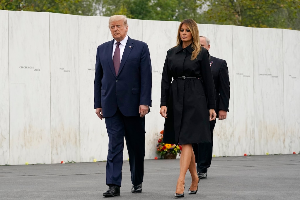 (Alex Brandon | AP) President Donald Trump and first lady Melania Trump arrive for a 19th anniversary observance of the Sept. 11 terror attacks, at the Flight 93 National Memorial in Shanksville, Pa., Friday, Sept. 11, 2020.