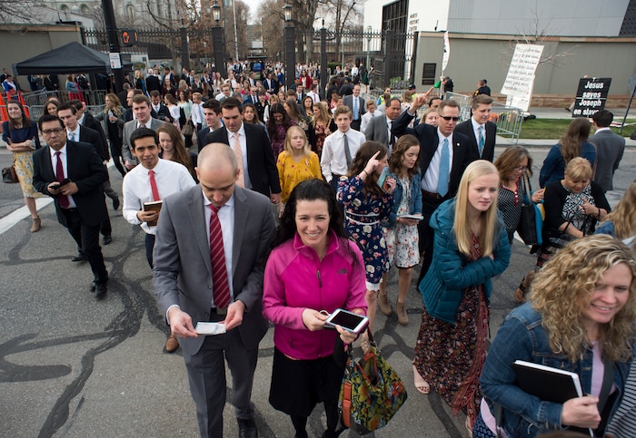(Rick Egan  |  The Salt Lake Tribune)         LDS faithful make their way to the Conference Center, for the Saturday morning session of the188th Annual General Conference in Salt Lake City,  Saturday, March 31, 2018.