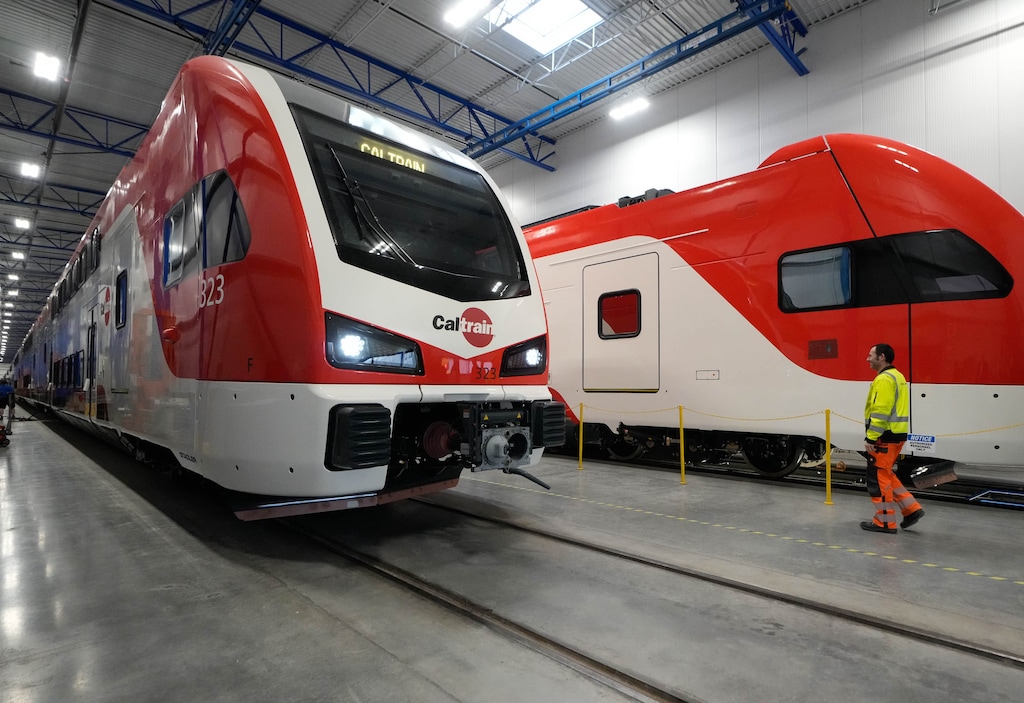 (Francisco Kjolseth | The Salt Lake Tribune) Trains bound for California at Stadler's plant in Salt Lake City on Friday, Jan. 5, 2024.