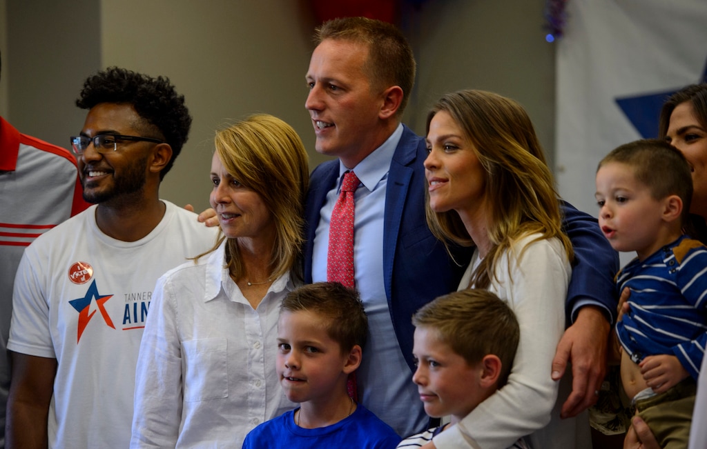 (Steve Griffin | The Salt Lake Tribune) 3rd Congressional District candidate Tanner Ainge with family and friends pose for photographs as they wait for results in the primary on election night in Orem on Tuesday, Aug. 15, 2017. Ainge, who lost in the primary, plans to run for the Utah County Commission in 2018.