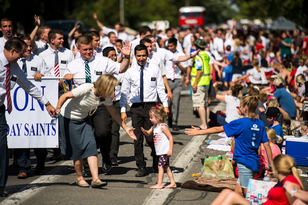 Chris Detrick  |  The Salt Lake Tribune
Mormon missionaries participate in the annual Freedom Festival Grand Parade in downtown Provo on Monday, July 4, 2016.