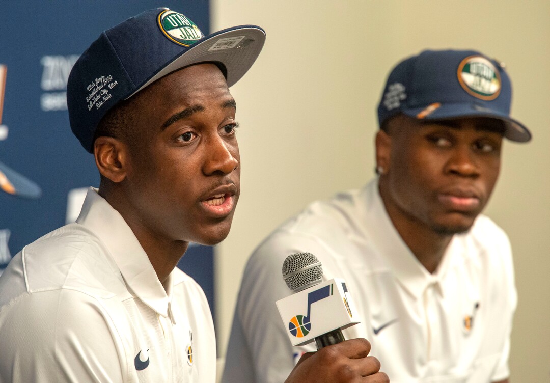 (Rick Egan  |  The Salt Lake Tribune)   Utah Jazz draft pick Miye Oni, left, answers questions during a news conference as Jarrell Brantley listens, at the Zions Bank Basketball Campus, Thursday, June 27, 2019.