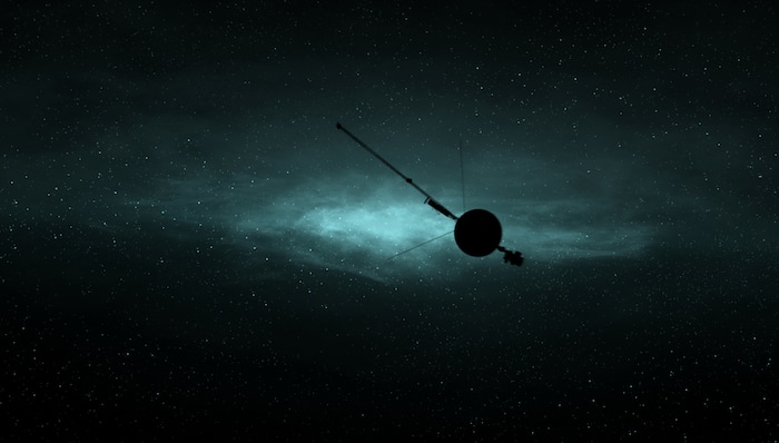 (Credit: Courtesy of Tangled Bank Studios) This CGI image shows Voyager backlit by green space cloud.
