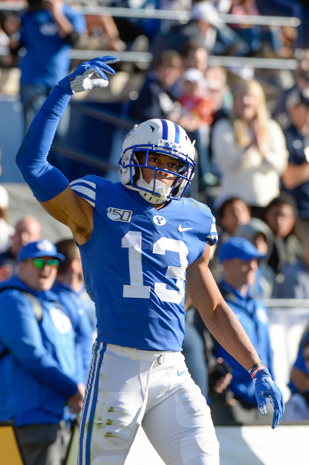 (Leah Hogsten  |  The Salt Lake Tribune) Brigham Young Cougars wide receiver Micah Simon (13) tries to get the crowd fired up after a first down run as Brigham Young University takes on Idaho State, Saturday, Nov. 16, 2019 at LaVell Edwards Stadium.