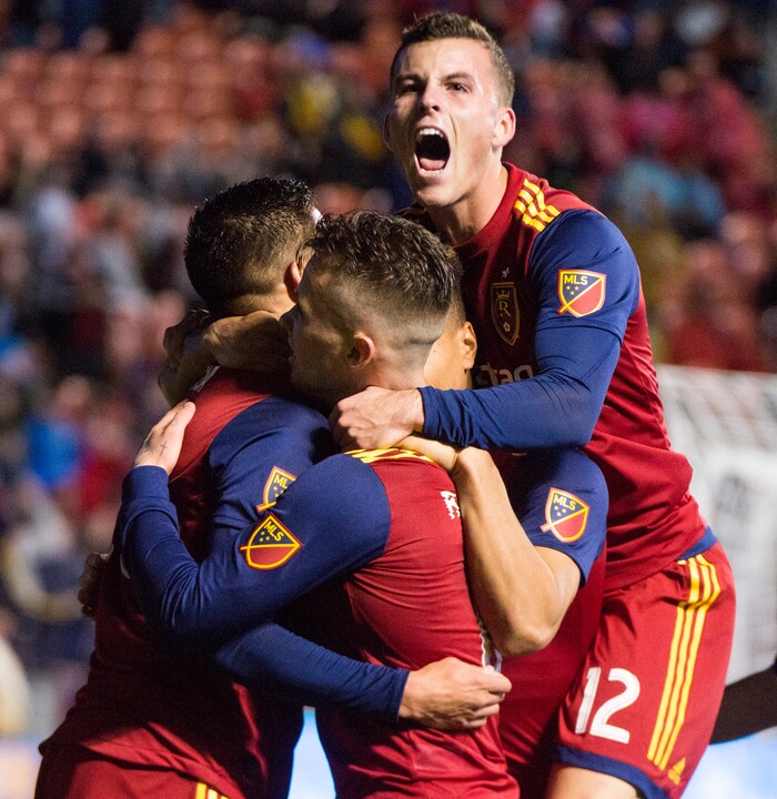 (Rick Egan  |  The Salt Lake Tribune)      Real Salt Lake celebrates Luis Silva's (20) goal in the first period, in MLS action between Real Salt Lake and Vancouver Whitecaps, at Rio Tinto Stadium beSaturday, April 7, 2018.


