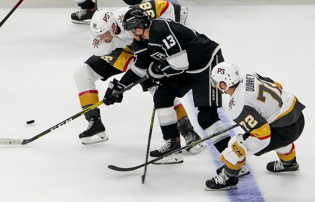 (Leah Hogsten | The Salt Lake Tribune) Vegas Golden Knights center Patrick Brown (38) battles Los Angeles Kings center Gabriel Vilardi (13) as the Los Angeles Kings and Vegas Knights meet in a preseason game at Vivint Arena on Sept. 30, 2021.