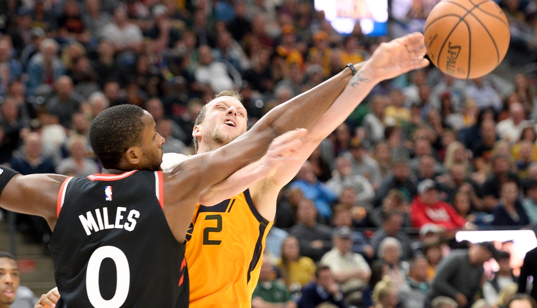Leah Hogsten  |  The Salt Lake Tribune  Utah Jazz forward Joe Ingles (2) battles Toronto Raptors forward CJ Miles (0) for the rebound as the Utah Jazz host the Toronto Raptors, Monday, Nov. 5, 2018 at  Vivint Smart Home Arena.