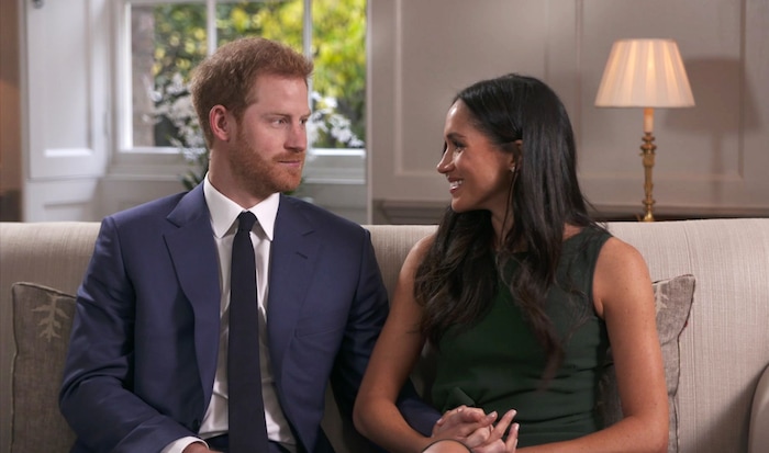 In this photo taken from video Britain's Prince Harry and Meghan Markle talk about their engagement during an interview in London, Monday, Nov. 27, 2017. It was announced Monday that Prince Harry, fifth in line for the British throne, will marry American actress Meghan Markle in the spring, confirming months of rumors. (Pool via AP)