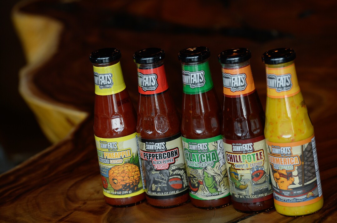 (Francisco Kjolseth  |  The Salt Lake Tribune)  SkinnyFATS sells is own brand of ketchup and mustard.