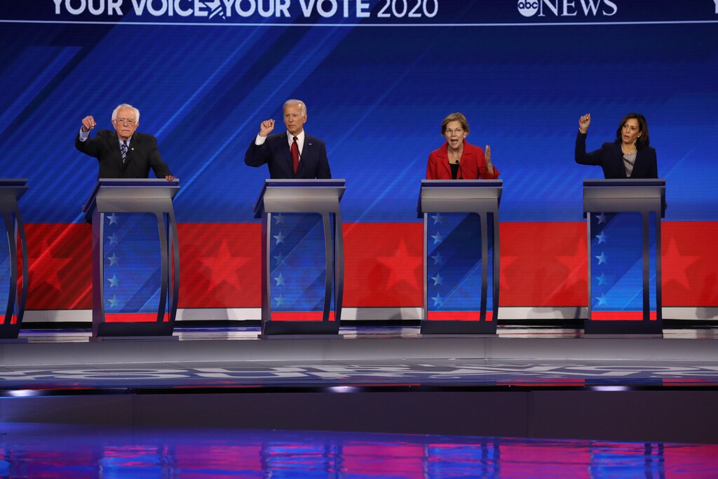 Candidates vie for attention during the Democratic Presidential Debate in Houston, Sept. 12, 2019. There were a lot of good politicians on the debate stage in Houston. But the night rang hollow as they clung to the old conventions, Maureen Dowd writes. (Ruth Fremson/The New York Times)