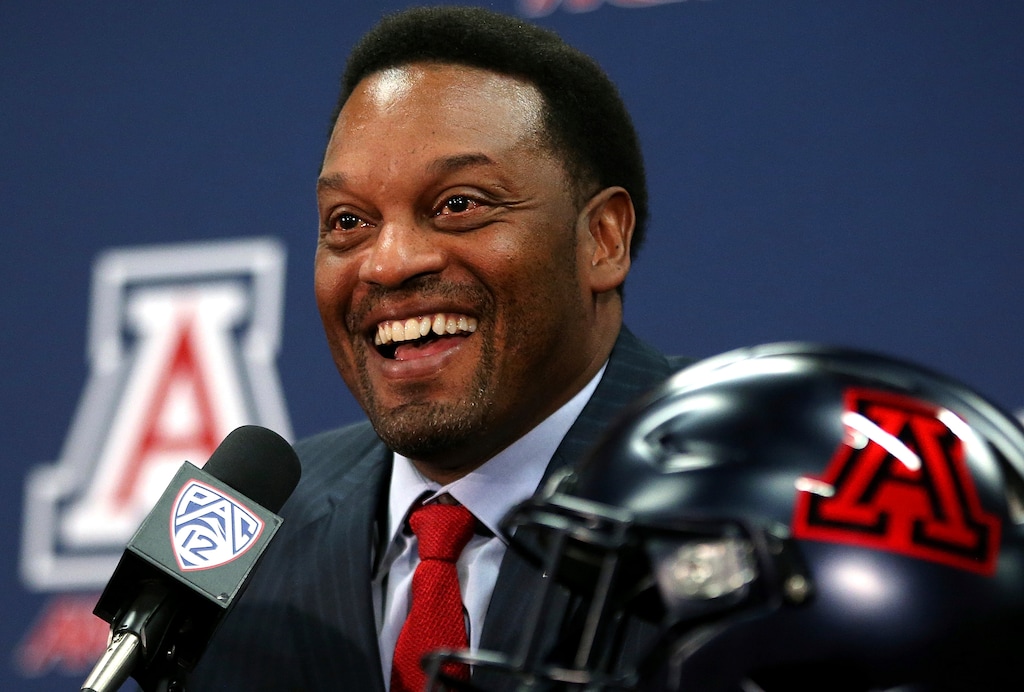 New University of Arizona Wildcats football coach Kevin Sumlin speaks during his introductory press conference at the Lowell-Stevens Football Facility on Tuesday,  Jan. 16, 2018, in Tucson, Ariz. Sumlin succeeds Rich Rodriguez, who was fired in December 2017. (Mike Christy/Arizona Daily Star via AP)