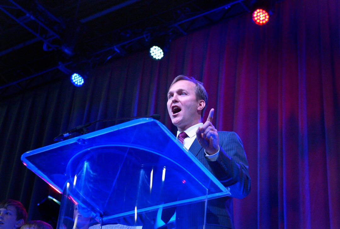 (Scott Sommerdorf | The Salt Lake Tribune)
Candidate Ben McAdams speaks at the Democratic convention, Saturday, April 28, 2018 at the Salt Palace Convention Center in Salt Lake City, Utah.