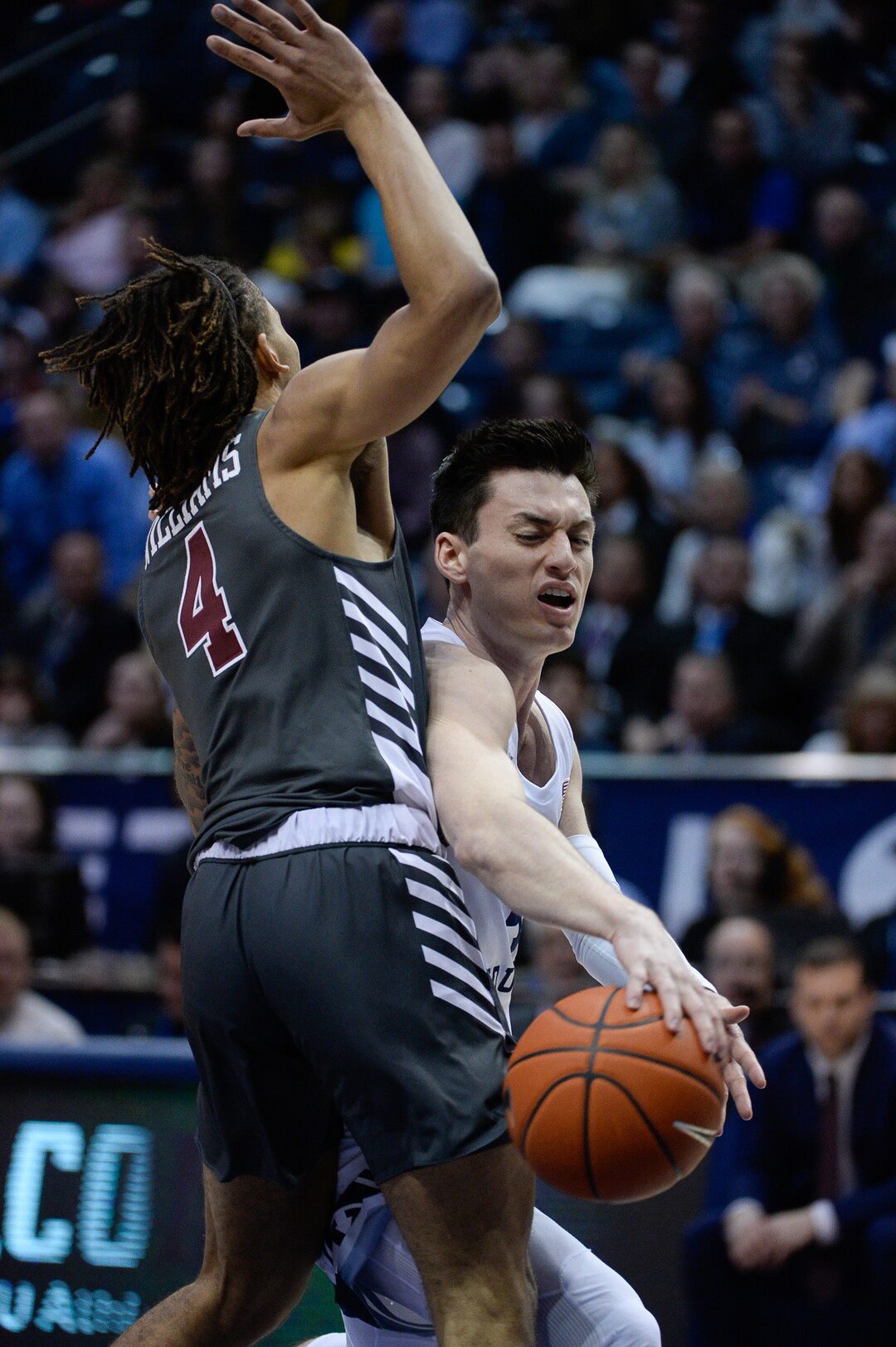 (Francisco Kjolseth  |  The Salt Lake Tribune) Santa Clara Broncos guard Giordan Williams (4) pressures Brigham Young Cougars guard Alex Barcello (4) in the first half as the Brigham Young Cougars host the Santa Clara Broncos at the Marriott Center in Provo, Thursday, Feb. 20, 2020.