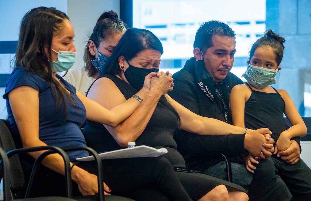 (Rick Egan  |  The Salt Lake Tribune)   Bernardo's sister Karina holds hands with her mother Lucy, as she gets emotional as she speaks about her son Bernardo Palacios-Carbajal, while she holds hands with her son Freddie, holding his 7-year-old daughter Analiyah, during a news conference in reaction to Salt Lake District Attorney Sim Gill's report to not charge the Salt Lake City Police officers that killed Bernardo Palacios-Carbajal, Thursday, July 9, 2020.