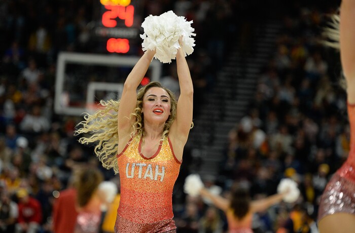 (Francisco Kjolseth  |  The Salt Lake Tribune)  The Jazz dance team gets the crowd cheering during the second half of the NBA game at Vivint Smart Home Arena Wed., Nov. 21, 2018, in Salt Lake City.