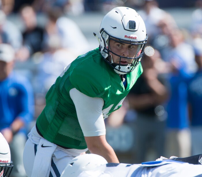 (Rick Egan  |  The Salt Lake Tribune) BYU quarterback, Tanner Mangum (12) runs the offense, during the BYU Cougars public scrimmage at Lavell Edwards Stadium, Thursday, August 17, 2017.