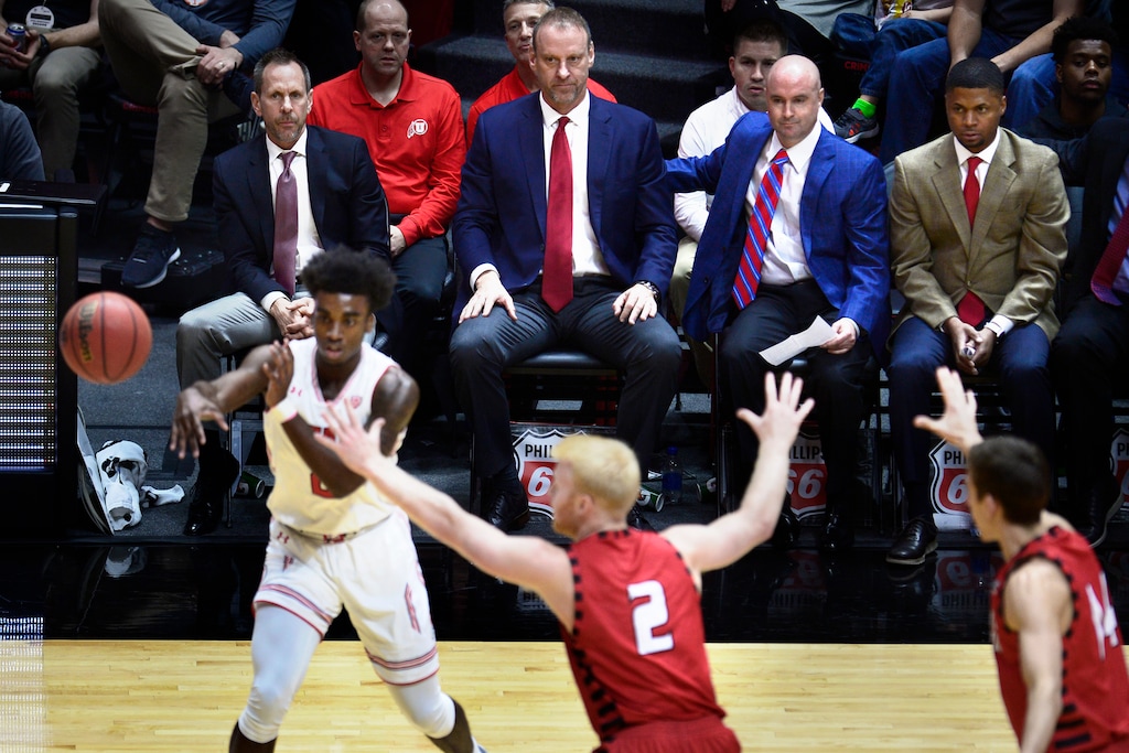 (Scott Sommerdorf | The Salt Lake Tribune)
Utah's coaches watch during second half play as Utah defeated Eastern Washington 85-69, Friday, November 24, 2017. Left to right; assistant coach Tommy Connor, head coach Larry Krystkowiak, assistant coach Andy Hill, and assistant coach Demarlo Slocum at far right. The group has been together longer than most coaching teams in the NCAA.
